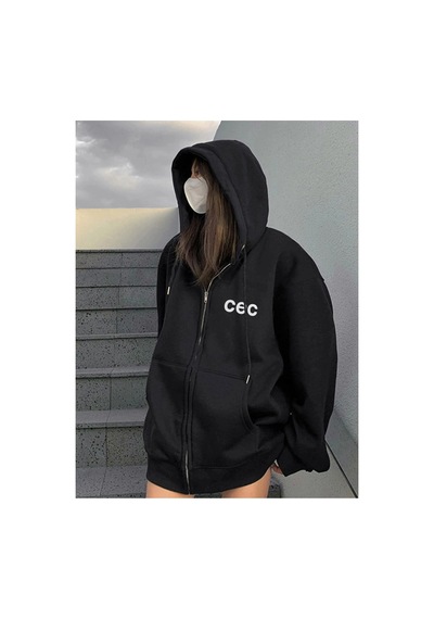 Tarzsokak Unisex Siyah Cec Baskılı Oversize Kapüşonlu Hırka