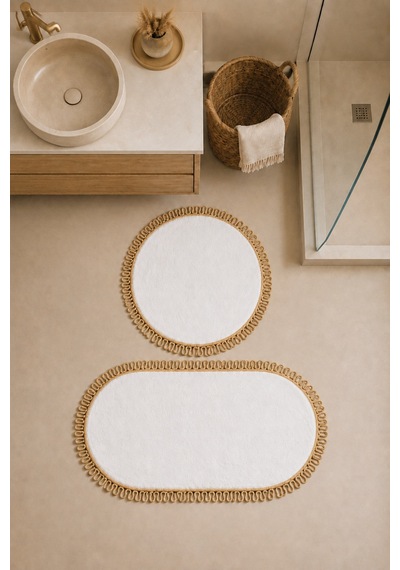 El Yapımı Bohem Banyo Paspası 2'li Peluş Kaymaz Jel Taban Yuvarlak 60x60 Cm Ve Oval 55x100 Cm Beyaz Jüt Hasır