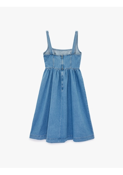 Koton Volanlı Kare Yaka Kolsuz Midi Denim Elbise Orta İndigo 6sal80001md İndigo