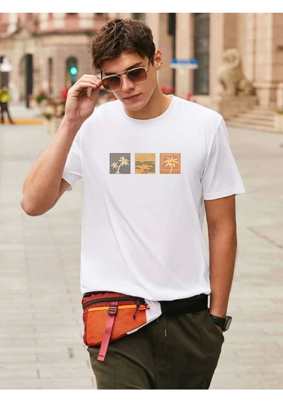 Oversize Unisex Palm Tree Tee Baskılı Bisiklet Yaka Beyaz T-shirt Beyaz