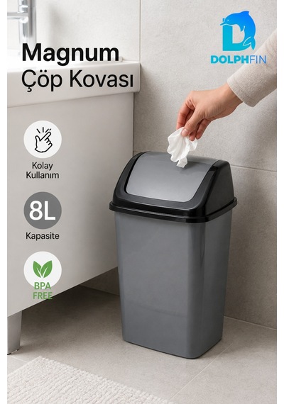 Magnum 8 Litre Sallanır Kapaklı Çöp Kovası Mutfak Banyo Ofis Antrasit