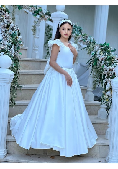 Tarz Çocuk Prenses Çiçek Detaylı Tarlatanlı Beyaz Abiye Elbise Beyaz