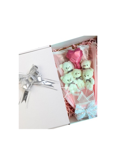 Premium Yumoş Beyaz Ayıcıklı, Kalp Balonlu Pembe Peluş Ayıcık Buketi