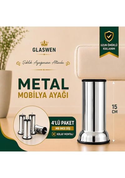 4 Adet Metal Destek Ayağı 15 Cm Krom Mobilya Kanepe Baza Koltuk Ünite Ayakları Metrik 8 Civatalı İnce Diş