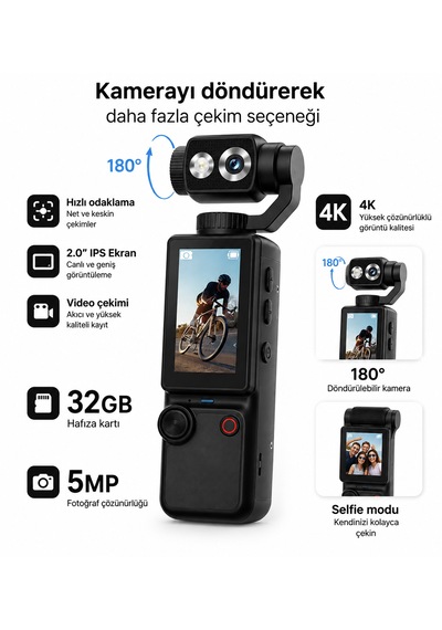 4k Aksiyon Kamerası 180 Döndürülebilir Lensli Ekranlı Cep Tipi Taşınabilir Video Kamera