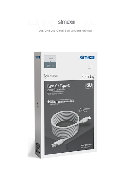 Simex 60W Type-C Type-C Hızlı Şarj Kablosu - Manyetik Şarj ve Veri Kablosu - QC 4.0 Destekli SPK-13