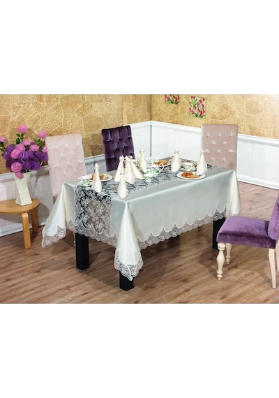 Rosalinda Güpürlü Monoray Kumaş Krem Sofra Takımı 8 Kşl. 170x240cm - 684 Çok Renkli