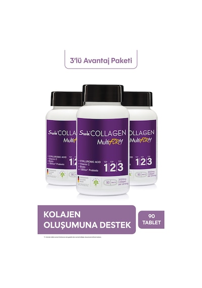 Multiform Kolajen Tip 1 2 3 ,vitamin C,biotin,hyaluronik Asit,saç,tırnak,cilt 90 Tabletx3 Adet