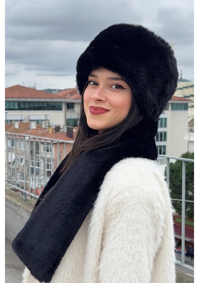 Mollycrush Peluş Rus Tarzı Kalpak Atkı 2'li Set Kadın Kışlık Suni Kürk Siyah 2'li Takım Siyah