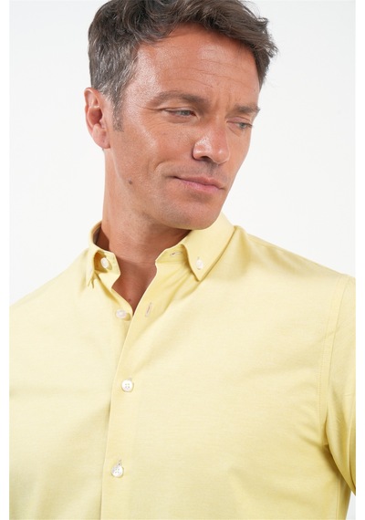 İmza Sarı Düğmeli Yaka Uzun Kol Slim Fit Pamuklu Gömlek 1004260235