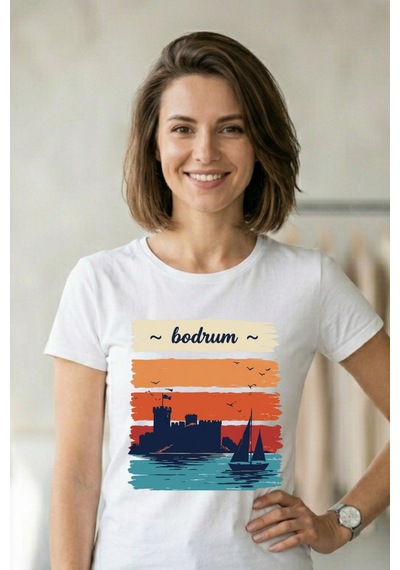 Baranışık Bodrum Kalesi Ve Yelkenli Retro Baskılı Unisex Beyaz Tişört