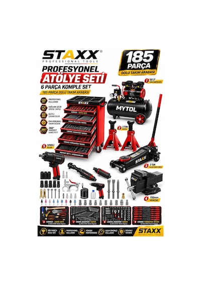 Staxx 185 Parça Atölye Seti 6'lı Servis Paketi Takım Arabası + Kompresör + Kriko + Mengene