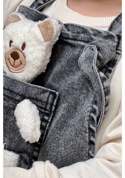 Unisex Çocuk Askısı Bağlamalı Teddy Oyuncaklı 2'li Kot Salopet 001