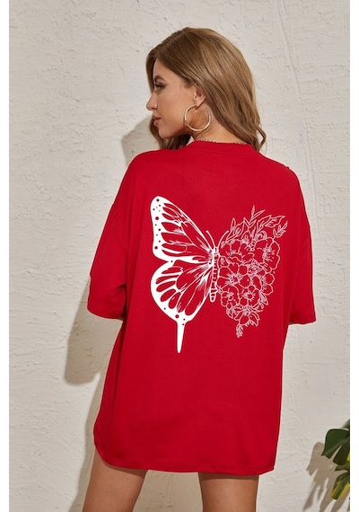 Unisex Drawing Butterflies Tasarım T-shirt Kırmızı