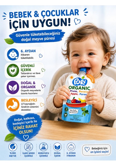 Organic %100 Organik Meyve Püresi Mürdüm Erik Muz Elma 100 G İlave Şekersiz