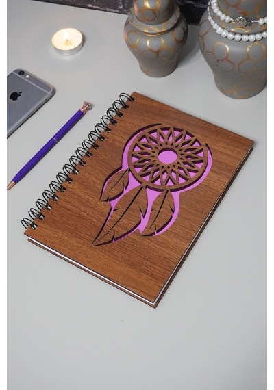 Rüya Kapanı Desenli Ahşap Defter - Resim Defteri - Günlük - Çizgisiz Defter Ahşap Rengi Ceviz