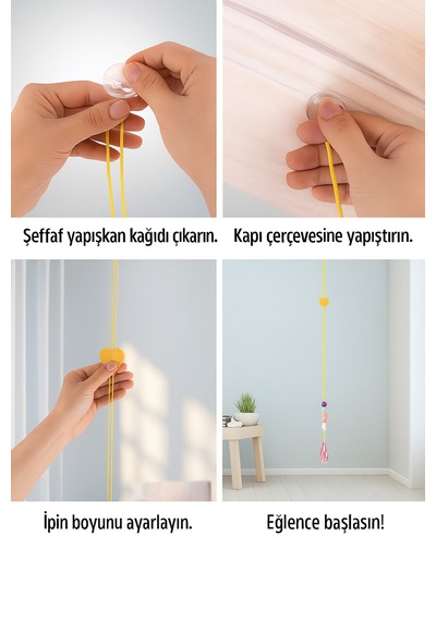 Renkli Kedi Oyuncağı Çıngıraklı Yapışkanlı Askılı Elastik Kedi Oyun Oltası