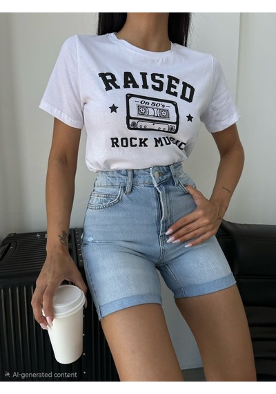 HerTon Yüksek Bel Kıvrık Paça Denim Bermuda Pamuklu Kot Şort