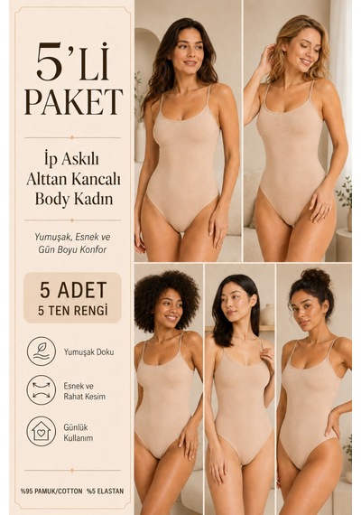 Loule Kadın 5'li %95 Pamuklu İnce Askılı Alttan Kancalı Body Ten