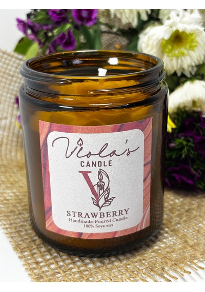 Violas Candle Amber Renk Cam Kavanoz Çilek Kokulu %100 Soya Wax Mum Beyaz