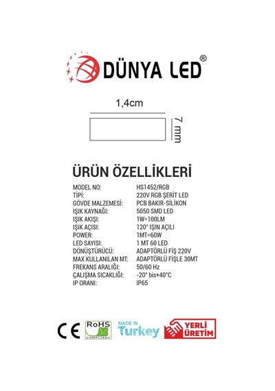 Hs.1452-Rgb50 220V 60 Ledli Rgb Hortum Led 50Metre+Aparat Hediye