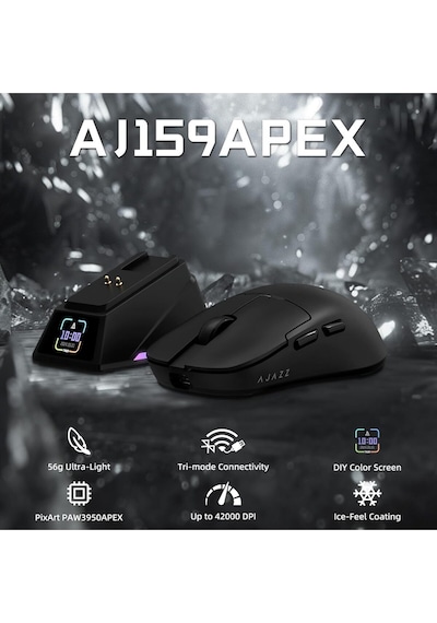 Aj159 Apex 8k Oyun Mouse, 3 Modlu Tft Ekranlı Manyetik Şarj İstasyonu,paw3950 Sensör, 56 Gram Diğer