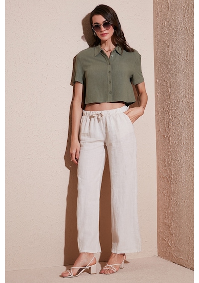 Lela Relaxed Fit Normal Bel Geniş Paça Çift Cepli Keten Bayan Pantolon 668Yp4991 Taş