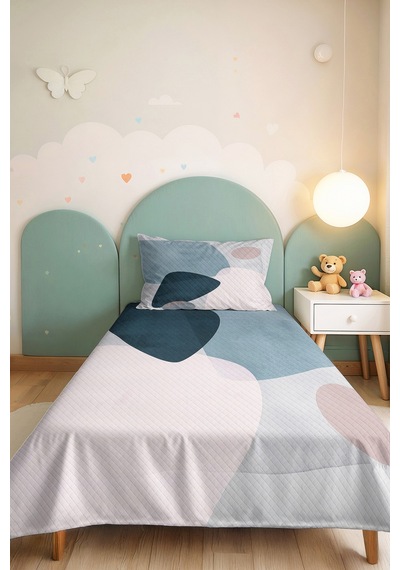 Mavi Geometrik Modern Genç Odası Tek Kişilik Pike Takımı-pudra Gri 160x220 Cm Kapitone Yatak Örtüsü Krem
