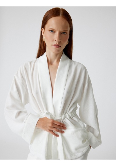 Koton Oversize Kimono Kuşaklı Geniş Uzun Kollu Cepli Beyaz 4sak50144pw Beyaz