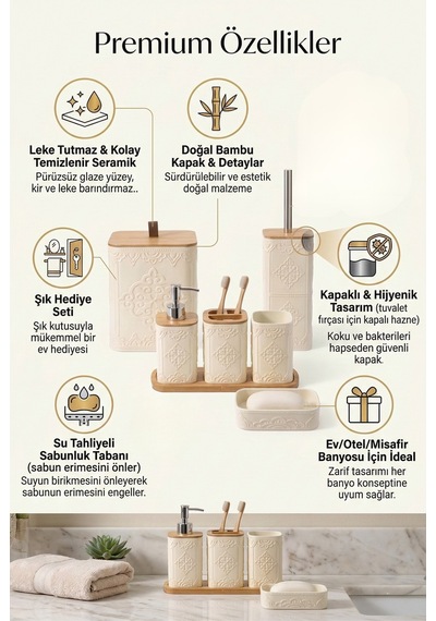 Makri Home Desenli 7 Parça Bambu Kapaklı Ve Aksesuarlı Banyo Seti Gri