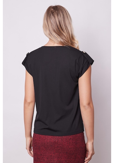 Jument Kadın Kaliteli Likrasız Span Kumaş Geniş Sıfır Yaka Duble Kollu Apoletli Düğmeli T-shirt Bluz-siyah Siyah