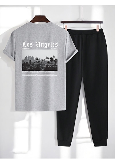 Uyguntarz Unisex Los Angles Baskılı 2'li Eşofman Takımı Gri
