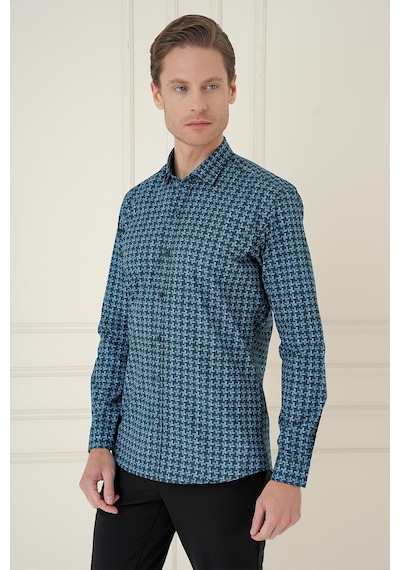 Efor Slim Fit Kazayağı Desenli %100 Pamuk Casual Mavi Gömlek G 1585 Mavi