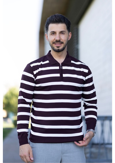 Hk Premium Kazak Fermuarlı Polo Yaka Çizgili Triko Sweatshirt Bordo
