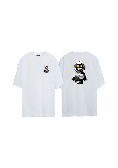 Thewert Unisex Robot Game Over Ön Arka Baskılı Beyaz Oversize T-shirt