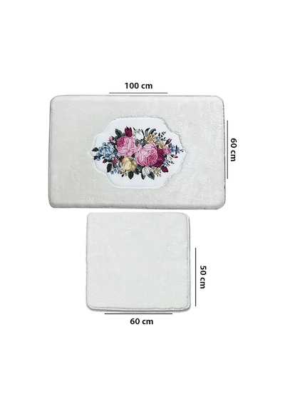 Bella Rose Ekru 2li Nakıslı Pelus Banyo Paspası 60x100 50x60 Cm Ekru