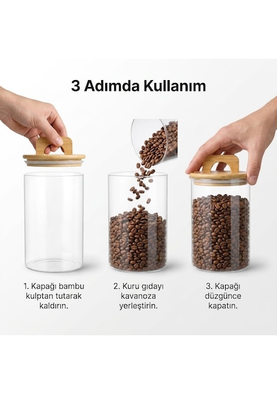 900 Ml Bambu Kapaklı Yuvarlak Cam Kavanoz, 10 Cm Çap 15 Cm Yükseklik, Contalı Kulplu Şeffaf Erzak Ve Kuru Gıda Saklama Kabı, Kahve Çay Şeker Bakliyat İçin Çok Renkli