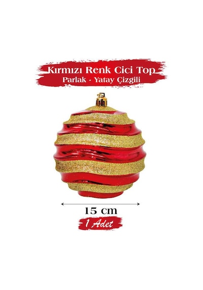 15 Cm Beyaz Yatay Çizgili Parlak Kırmızı Yılbaşı Top Süs Büyük Boy Dekoratif Ağaç Süsü