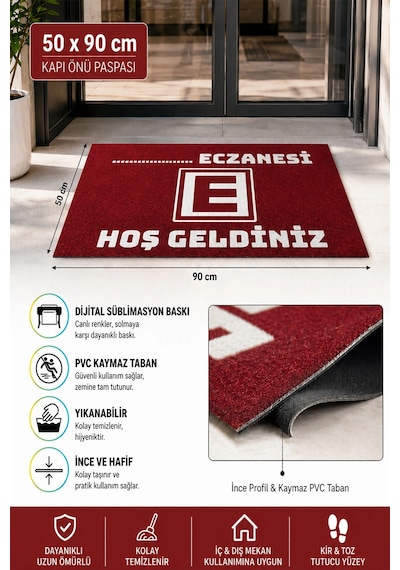 Valerine Life Eczane Logolu Kırmızı Hoş Geldiniz İşyeri Kapı Önü Paspası 50x90cm Kişiye Firmaya Özel