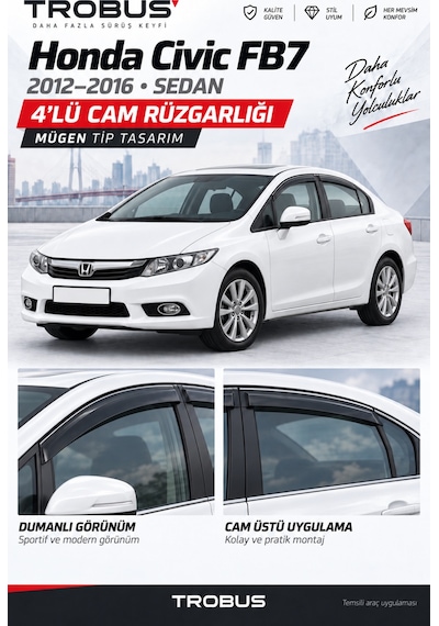Premium Honda Civic 1.6 İ-vtec Eco / Benzinli 2012-2016 Uyumlu Siyah Rüzgarlık 4'lü