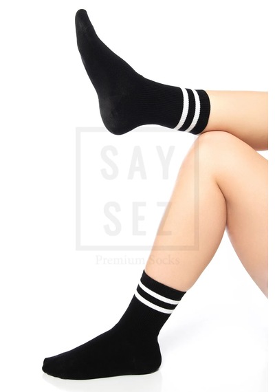 Saysez Bambu Unisex Tenis Kolej Çizgili Siyah Dikişsiz Soket Çorap 3'lü