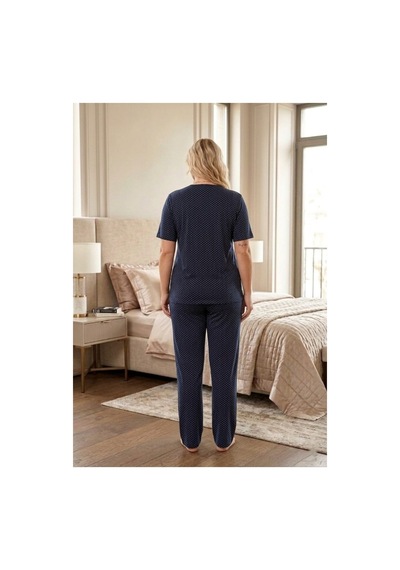 Eyfuze Kadın Büyük Beden Desenli Yakası Düğmeli Kısa Kollu Bambu Pijama Takımı Gri