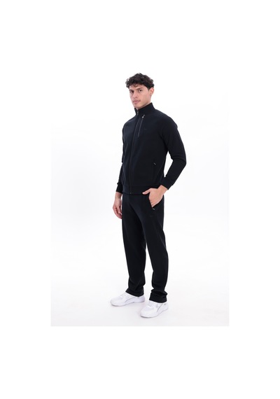 Rowinger 3 İplik Kalın Dokulu Pilot Yaka Velör Şeritli Tam Fermuarlı Erkek Sweatshirt Black