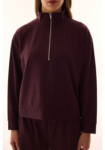 Penti Bordo Yarım Fermuarlı Çizgili Polo Yaka Sweatshirt