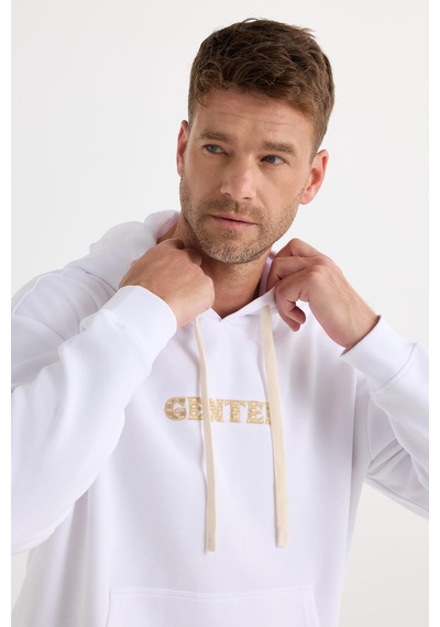 Tudors Erkek Oversize Geniş Kesim Pamuklu Baskılı Beyaz Kapüşonlu Sweatshirt-37294 Beyaz
