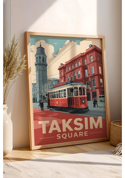 Taksim Meydanı Tablo - Nostaljik İstanbul Posteri - Retro Tramvay Duvar Dekoru - Şehir Tablosu Kayın
