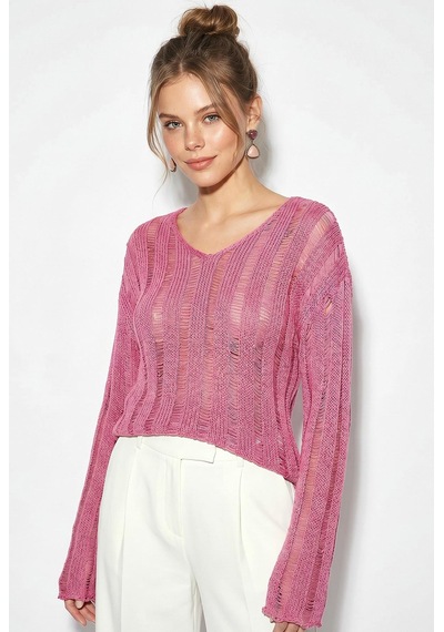 Shade Kadın Ajurlu Salaş Merserize Premium Triko Bluz Tk261051 60286233 - Pembe