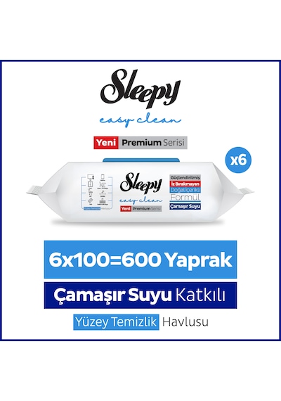 Sleepy Easy Clean Premium Çamaşır Suyu Katkılı Yüzey Temizlik Havlusu Mendili 6x100 (600 Yaprak)