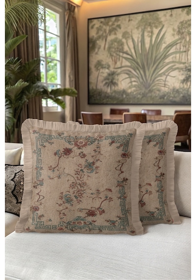 Otantik Çiçekli Saçaklı Yastık Kılıfı - Vintage Floral Bej Turkuaz Krem Püsküllü Kırlent Kılıfı Puslu Düş Opal