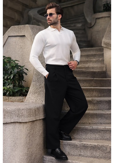 Madmext Beyaz Regular Fit Polo Yaka Triko Erkek Kazak E7509